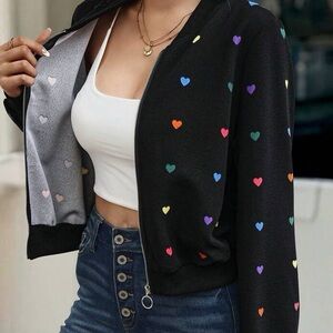 Valentine's Day Colorful Heart Print Black Zip Up Bomber Baseball Jacket M